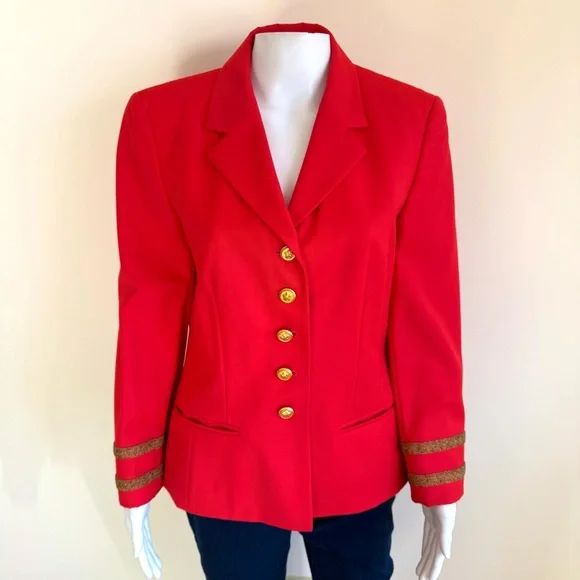 Escada Margaretha Ley Wool Vtg 80s 1980s Poppy Red Gold Nautical Blazer Jacket - Picture 4 of 14